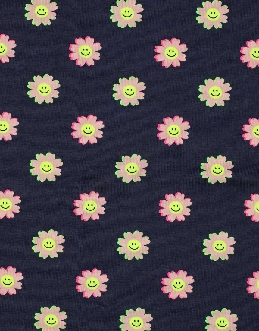 Neon Happy Flowers Navy Cotton Jersey Fabric