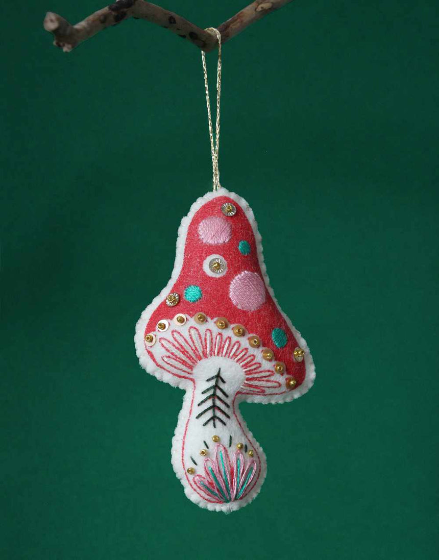 Red Toadstool Festive Folk Ornament Embroidered Felt Craft Kit, Sewyeah