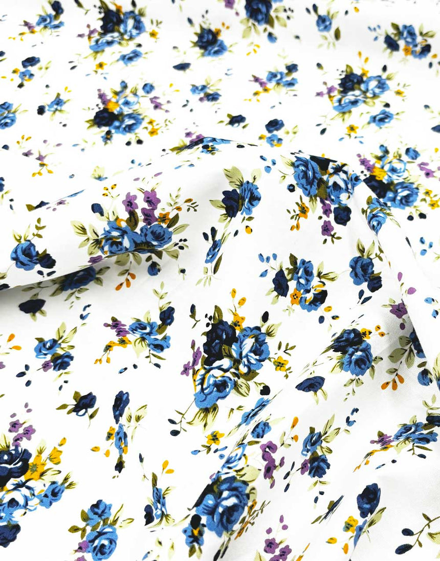 Pretty Blue Floral Bouquet Cotton Lawn Fabric