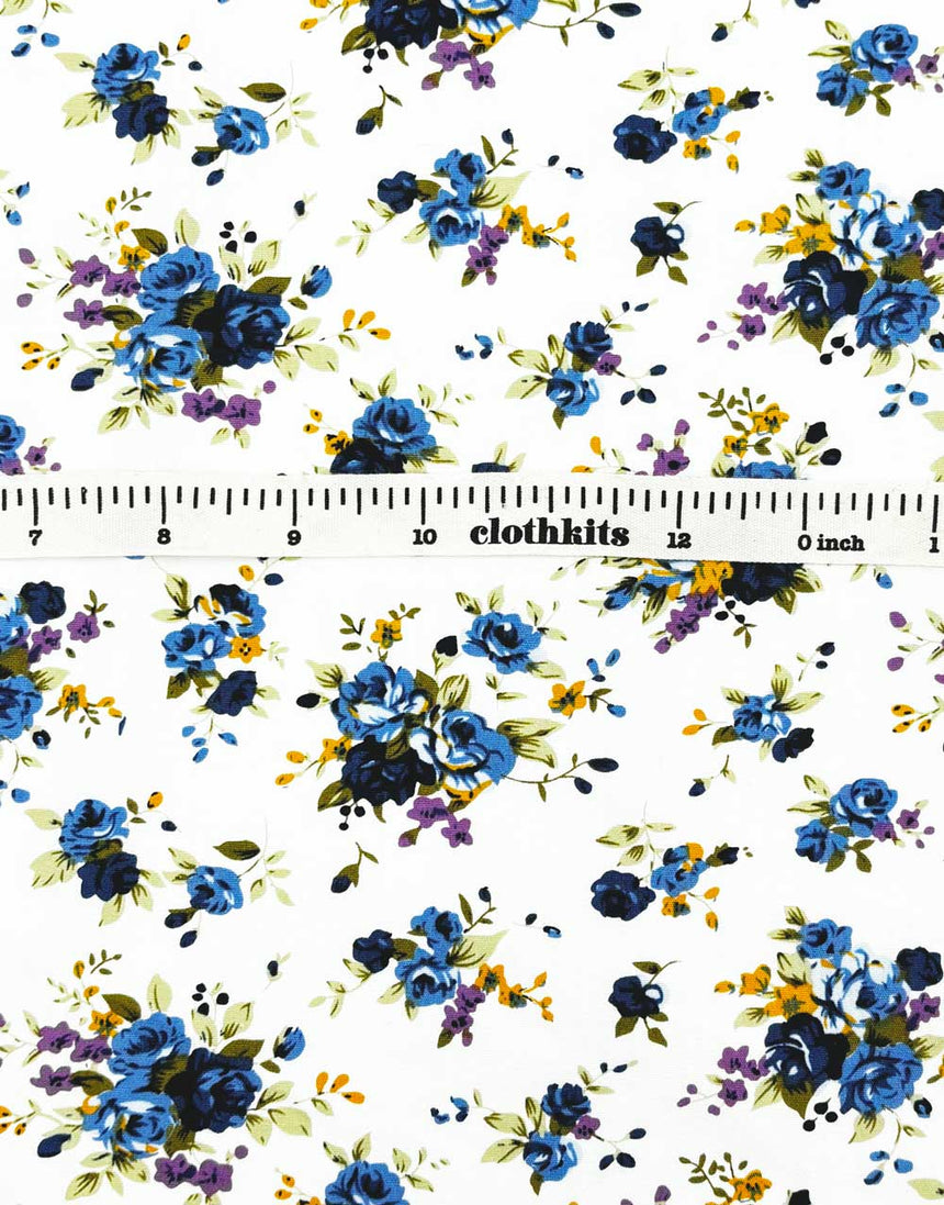 Pretty Blue Floral Bouquet Cotton Lawn Fabric