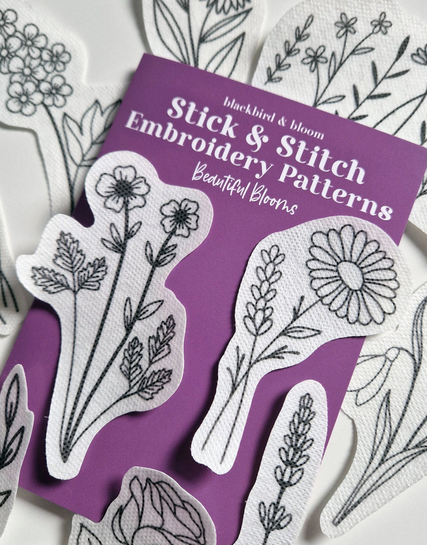 Beautiful Blooms Stick & Stitch Embroidery Patterns, Blackbird & Bloom