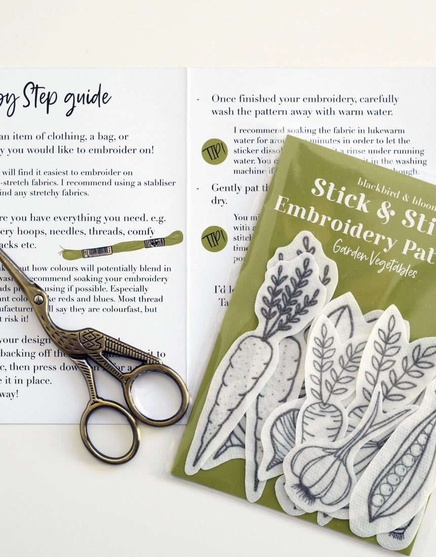 Garden Vegetables Stick & Stitch Embroidery Patterns, Blackbird & Bloom