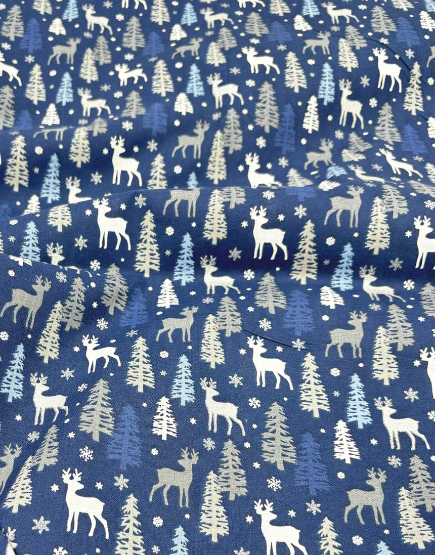 Blue & Silver Foiled Reindeer Christmas Cotton Poplin Fabric