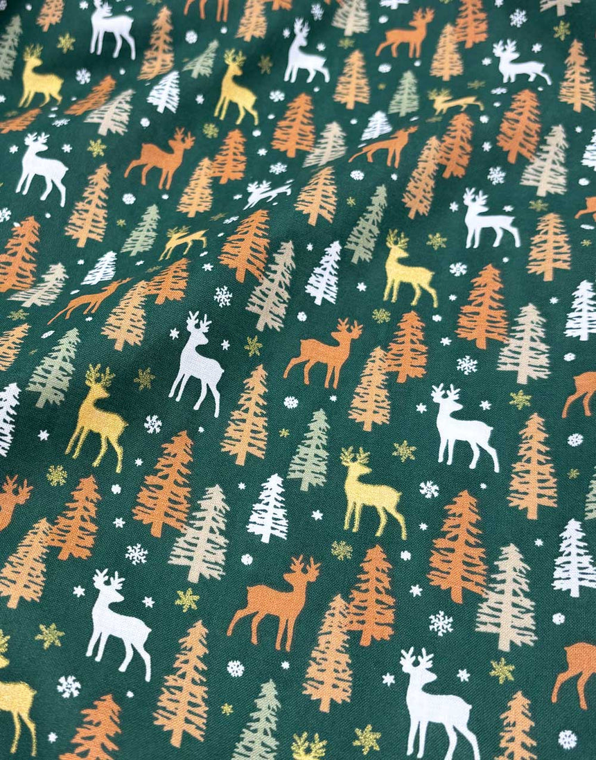 Green & Gold Foiled Reindeer Christmas Cotton Poplin Fabric