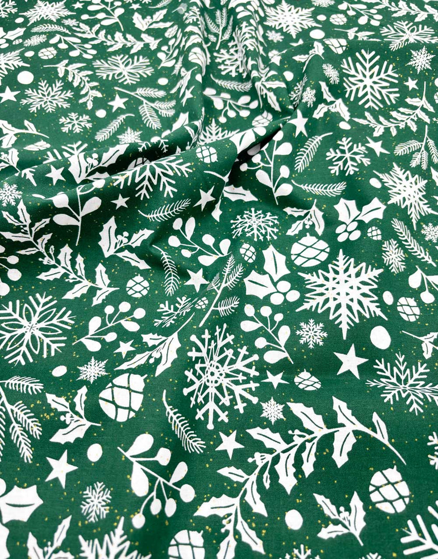 Green & White Holly Foiled Christmas Cotton Poplin Fabric