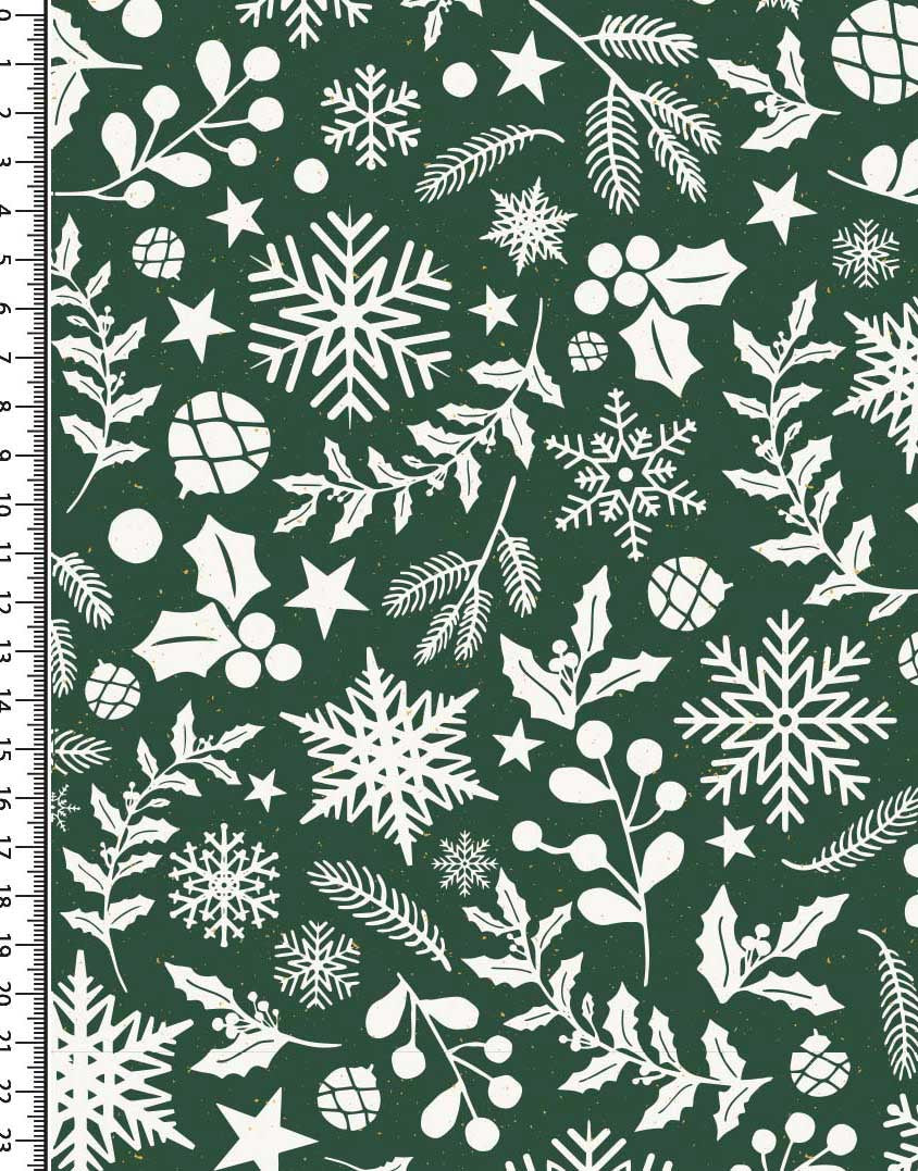 Remnant 1m -Green & White Holly Foiled Christmas Cotton Poplin Fabric