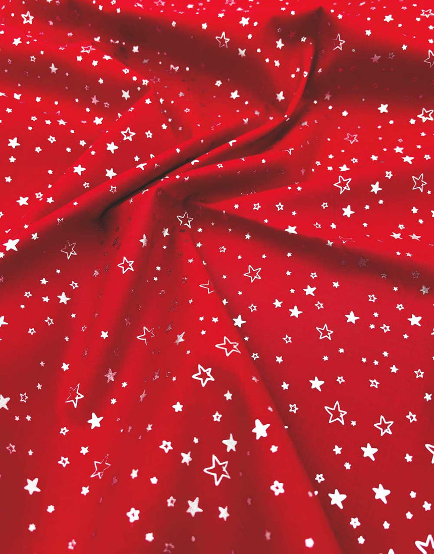 Red & Silver Foil Stars Christmas Cotton Poplin Fabric