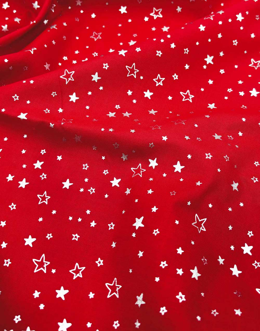 Red & Silver Foil Stars Christmas Cotton Poplin Fabric