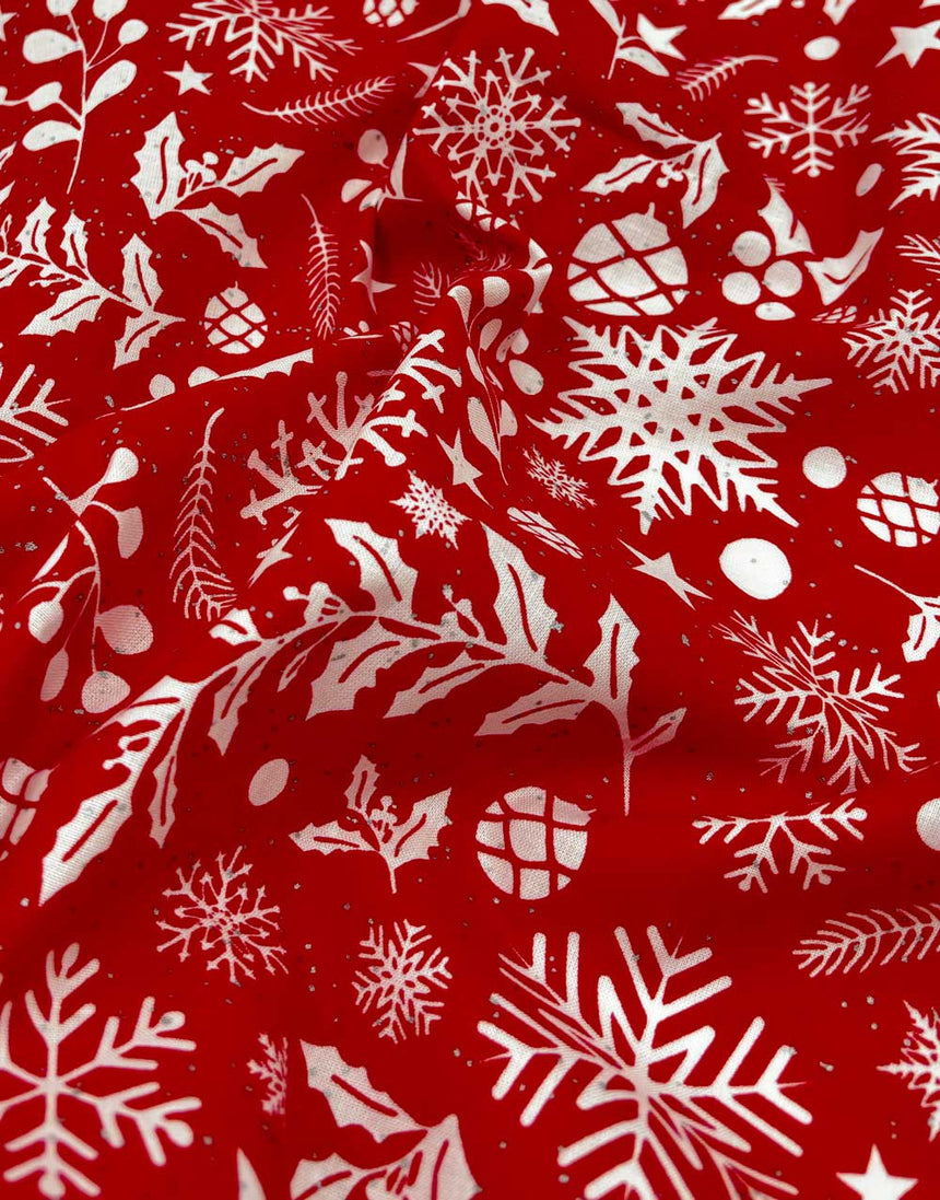 Red & White Holly Foiled Christmas Cotton Poplin Fabric