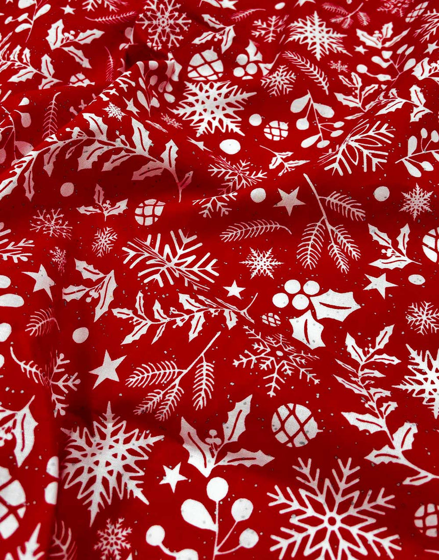 Red & White Holly Foiled Christmas Cotton Poplin Fabric