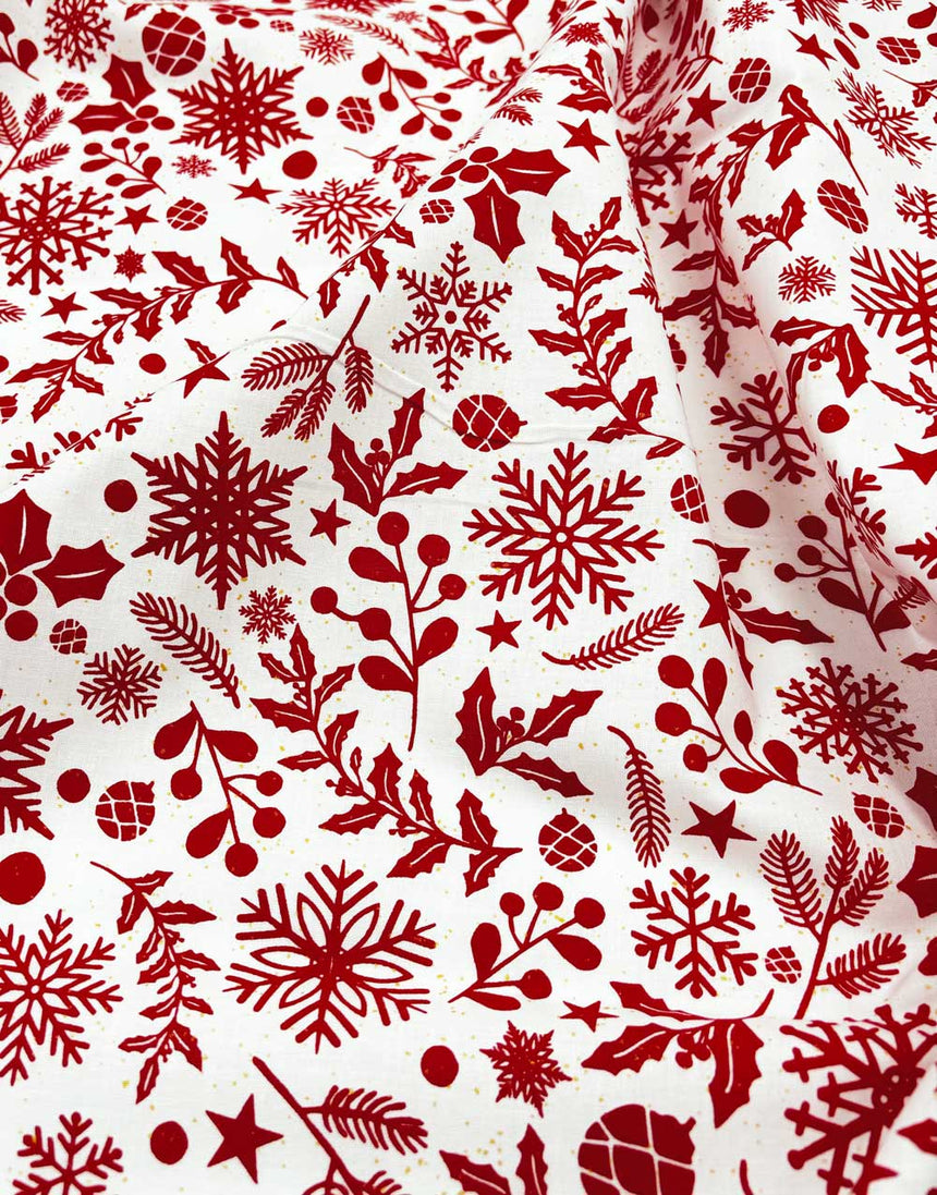 White & Red Holly Foiled Christmas Cotton Poplin Fabric