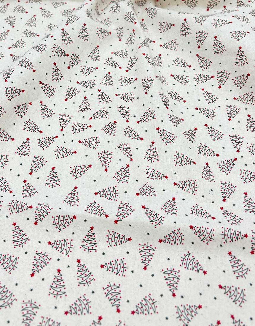 Swirling Christmas Trees on Natural Christmas Fabric