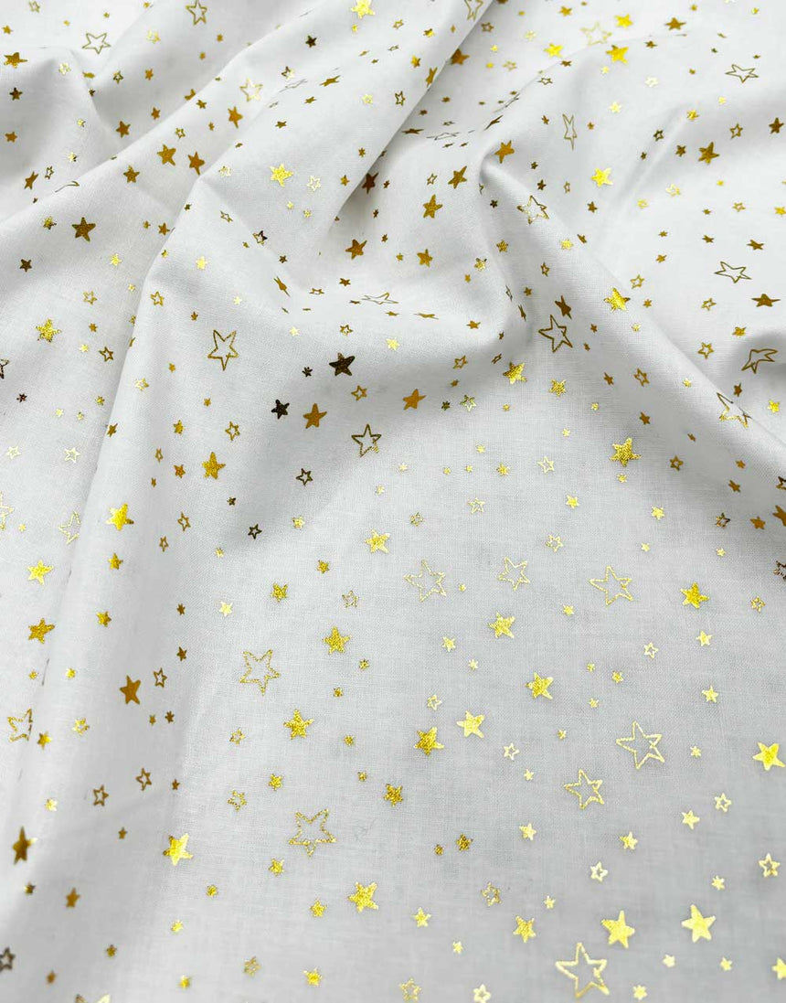 White & Gold Foil Stars Christmas Cotton Poplin Fabric