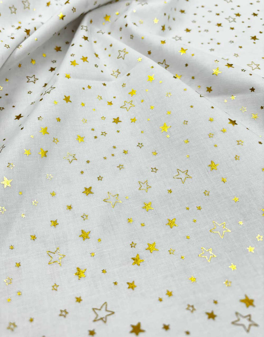 Remnant 1m - White & Gold Foil Stars Christmas Cotton Poplin Fabric