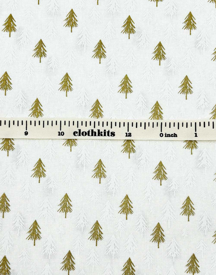 Christmas Fir Trees Metallic Gold and White Christmas Fabric