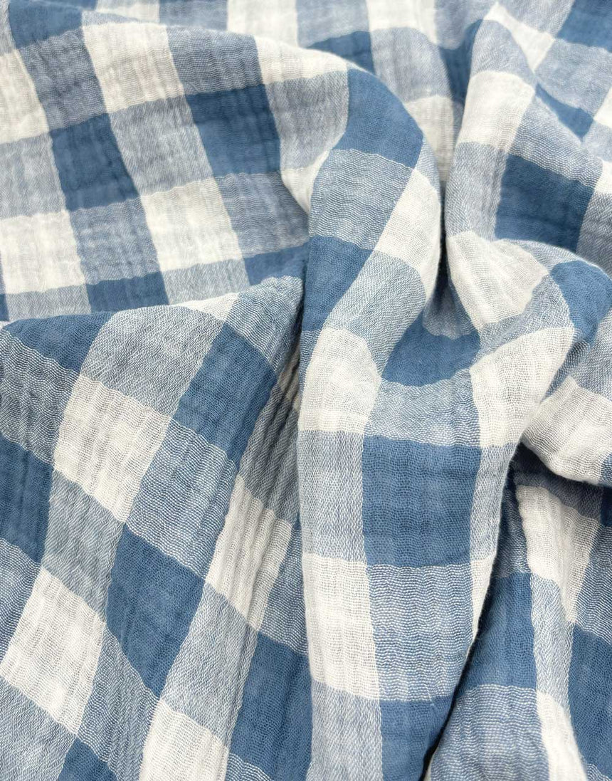 Blue Check Double Sided Cotton Double Gauze Fabric