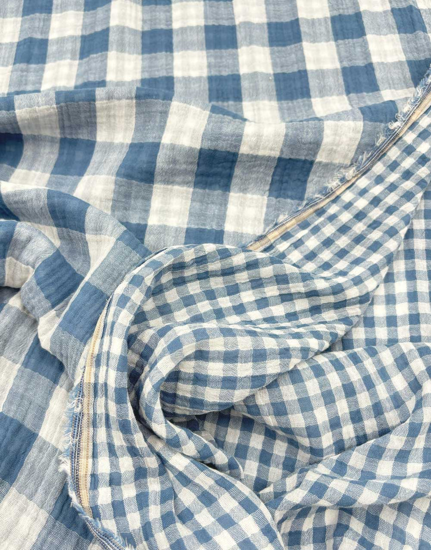 Blue Check Double Sided Cotton Double Gauze Fabric