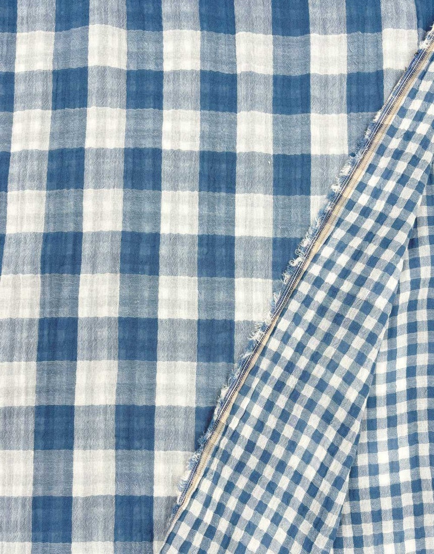 Blue Check Double Sided Cotton Double Gauze Fabric