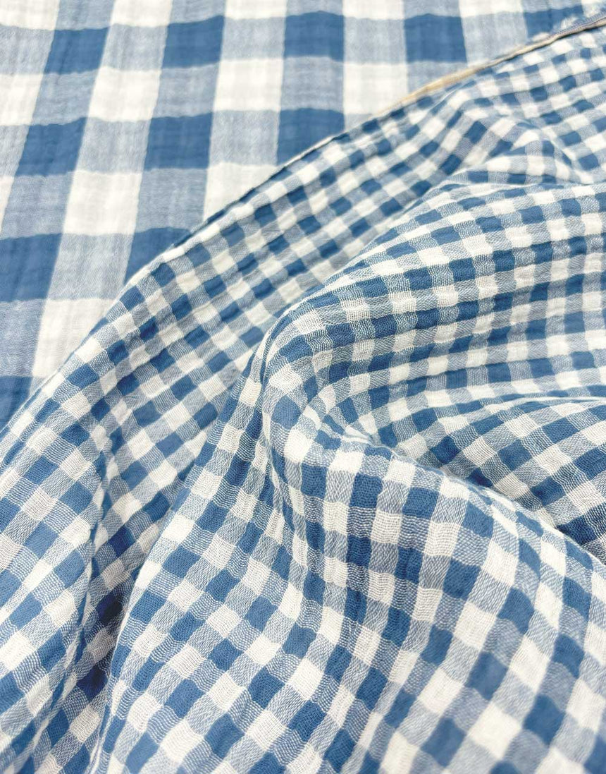 Blue Check Double Sided Cotton Double Gauze Fabric