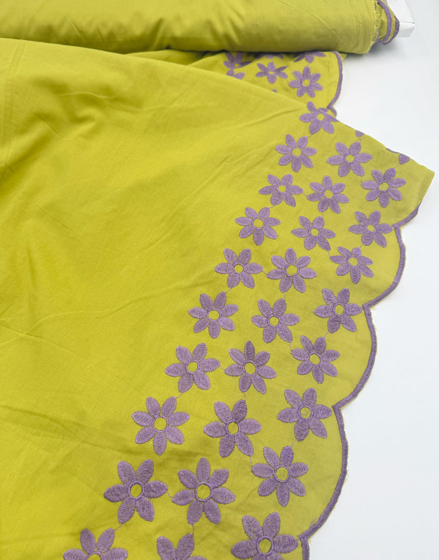 Chartreuse & Lilac Blooms Embroidered Border Cotton Fabric