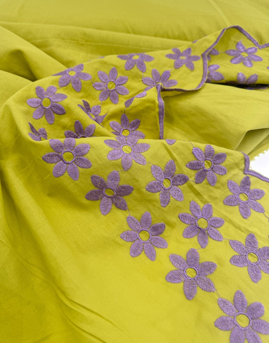 Chartreuse & Lilac Blooms Embroidered Border Cotton Fabric