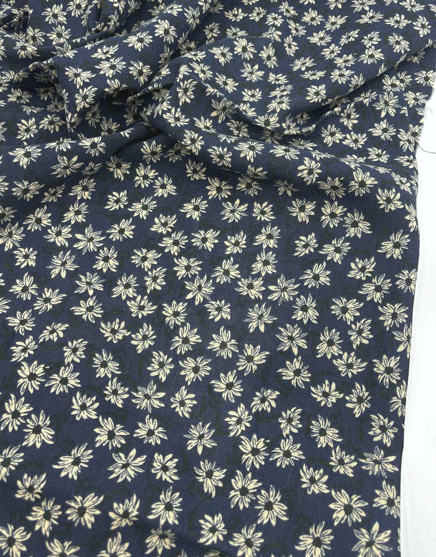 Remnant 1m -Navy Daisy Linen Look Cotton Fabric