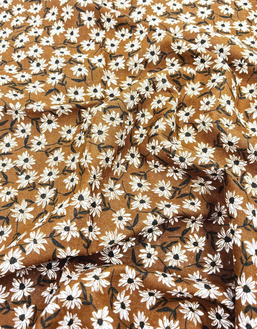 Remnant 2.75m -Mustard Daisy Linen Look Cotton Fabric