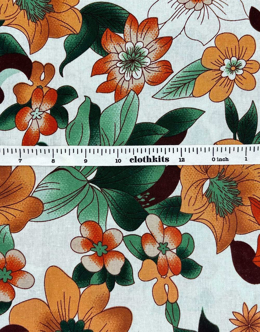 Orange Hibiscus Linen Look Cotton Fabric