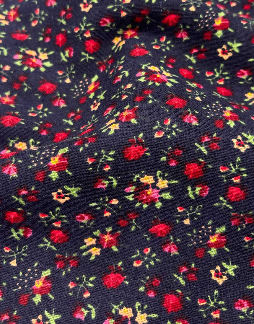 Navy & Red Ditsy Floral Linen Look Cotton Fabric