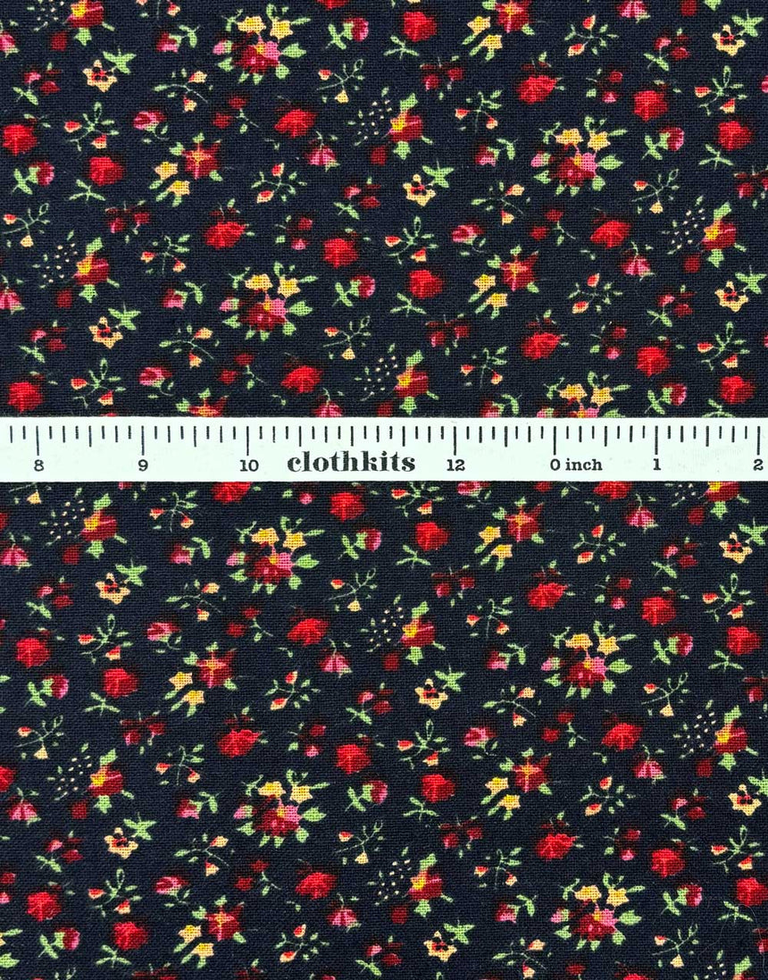 Navy & Red Ditsy Floral Linen Look Cotton Fabric