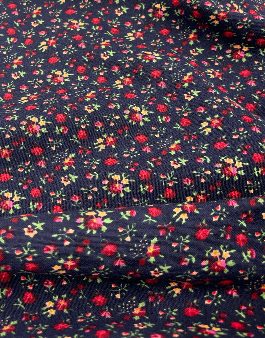 Navy & Red Ditsy Floral Linen Look Cotton Fabric