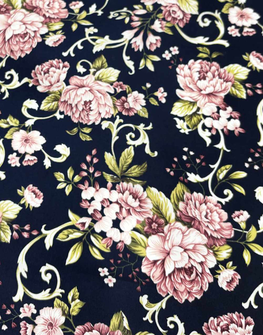 Large Floral Navy & Pink Cotton Poplin Fabric