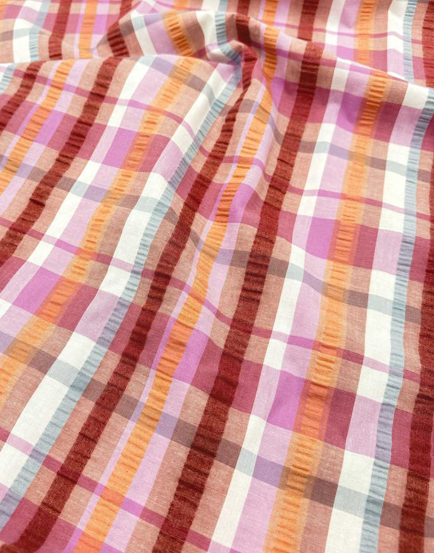 Sunset Plaid Yarn Dyed Cotton Seersucker Fabric