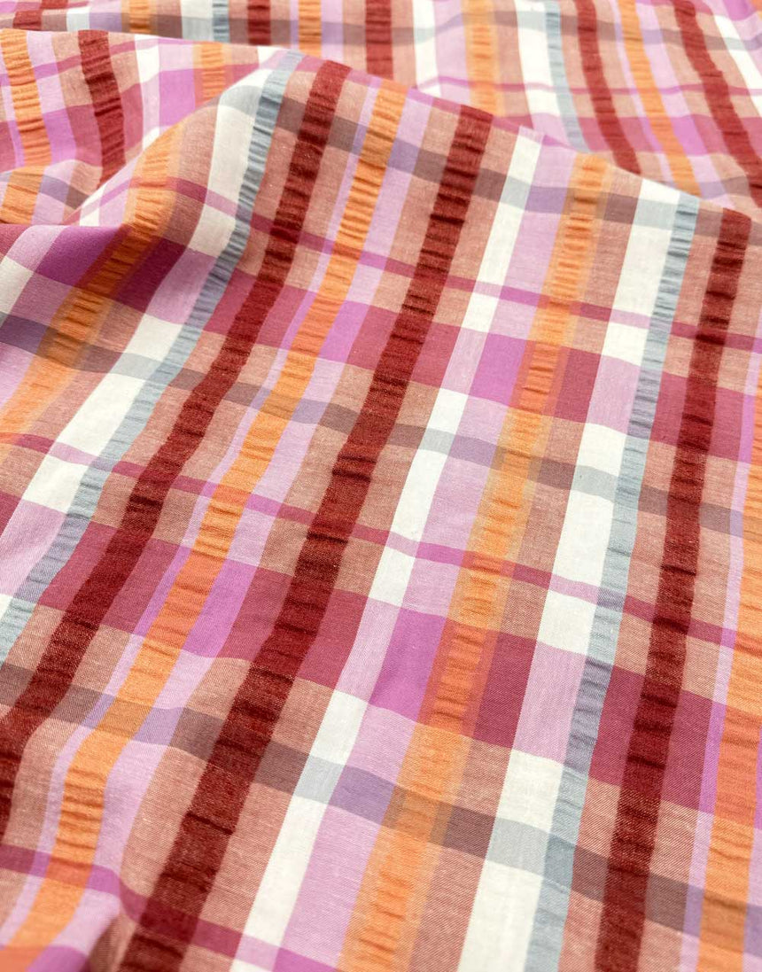 Sunset Plaid Yarn Dyed Cotton Seersucker Fabric