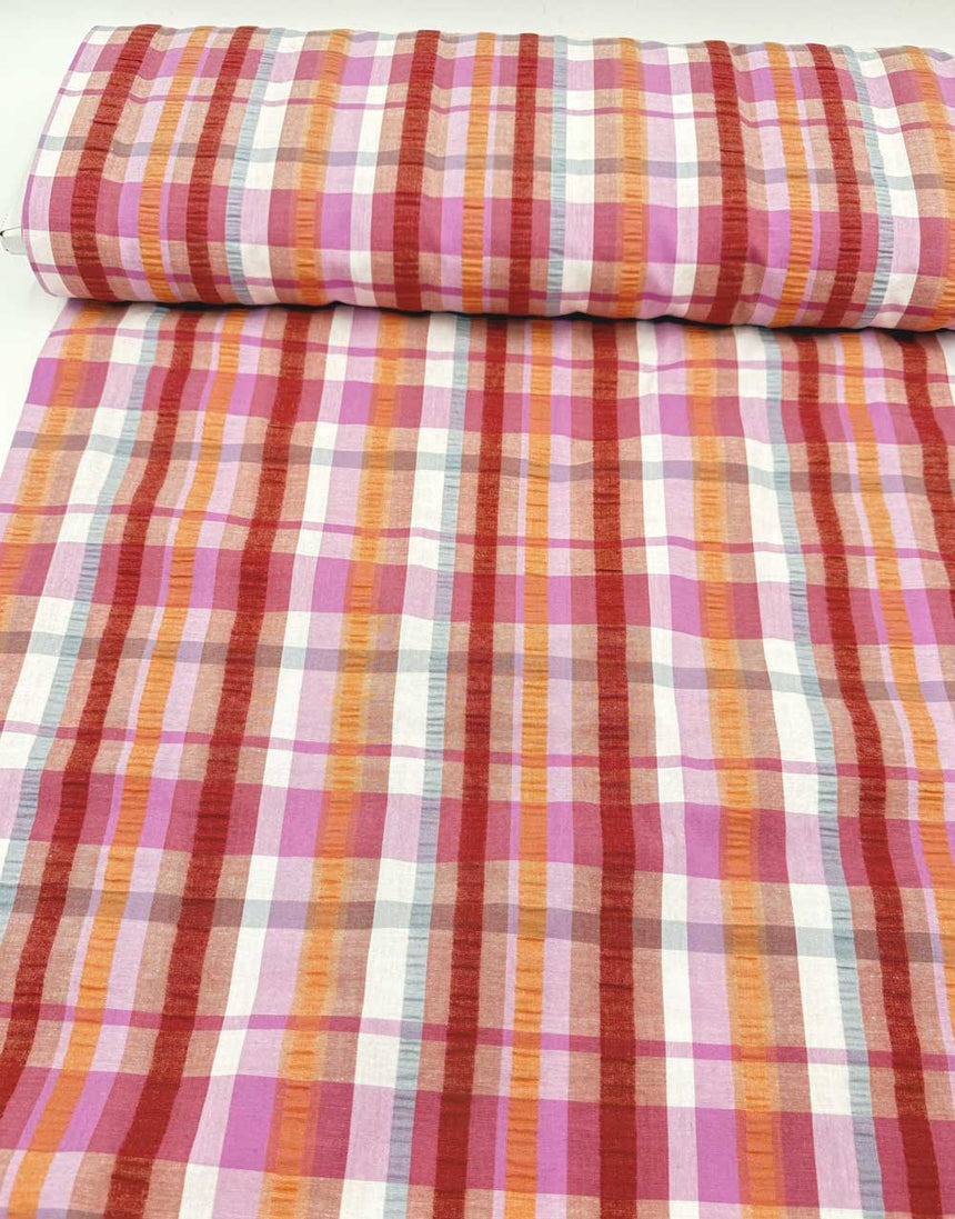 Sunset Plaid Yarn Dyed Cotton Seersucker Fabric