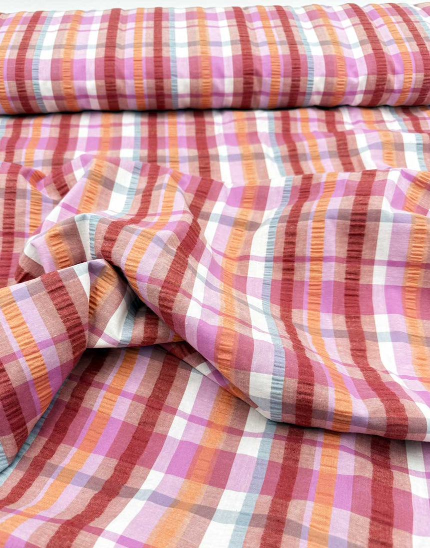 Sunset Plaid Yarn Dyed Cotton Seersucker Fabric