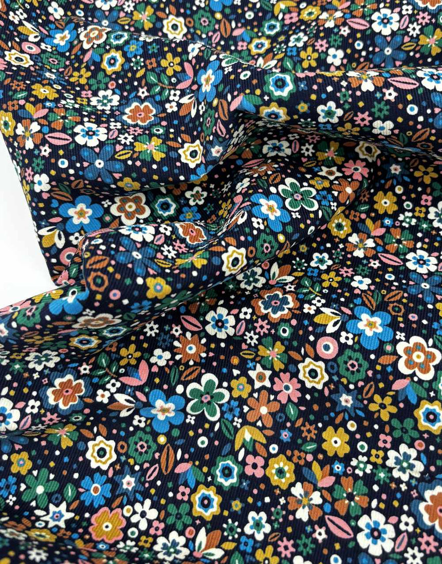 Midnight Small Florali Cotton Needlecord Fabric, Dashwood Studio