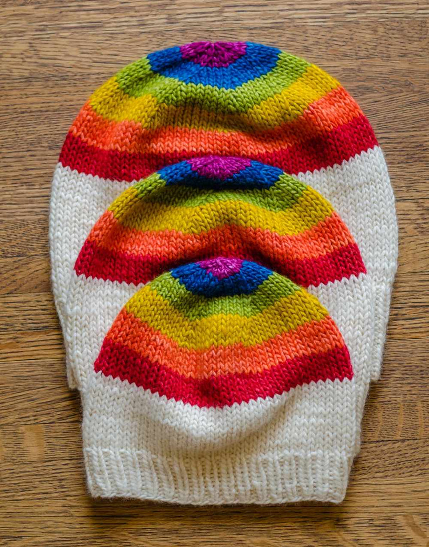 Rainbow Paint Dip Hat Aran Knitting Pattern, eM Knits