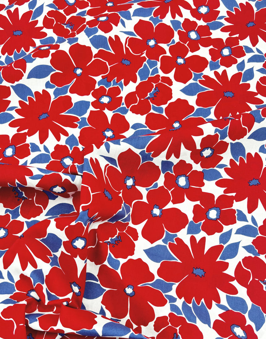 Red Bold Flower Print Cotton Poplin Fabric