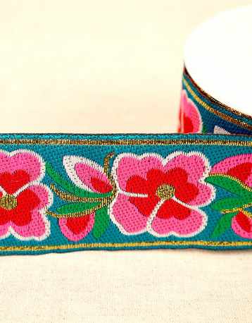 Not Specified Jacquard Ribbon Turquoise / 50mm Flowers Jacquard Ribbon Trim 50mm 15837