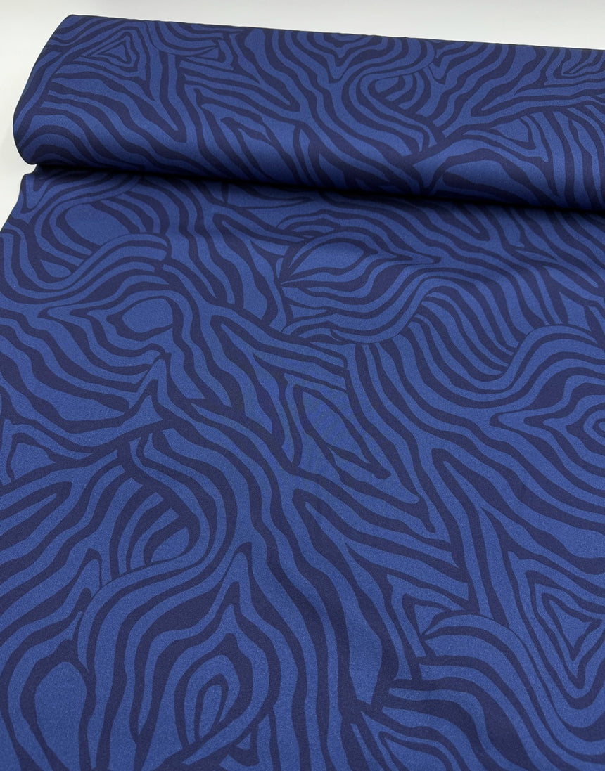 Deep Blue Abstract Zebra Print Viscose Fabric