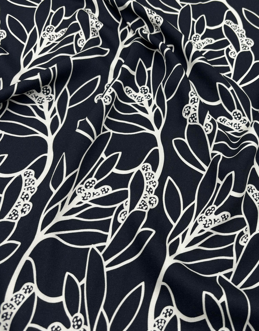 Black & Cream Leafscape Light & Lush Viscose Fabric