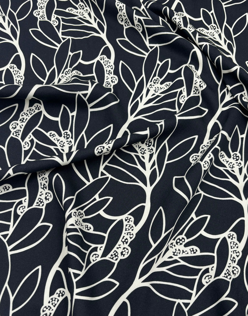 Black & Cream Leafscape Light & Lush Viscose Fabric