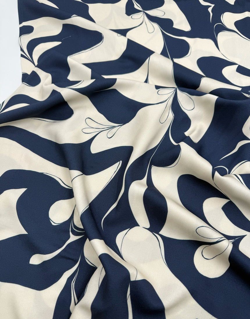 Navy & Ivory Abstract Botanical Viscose Fabric