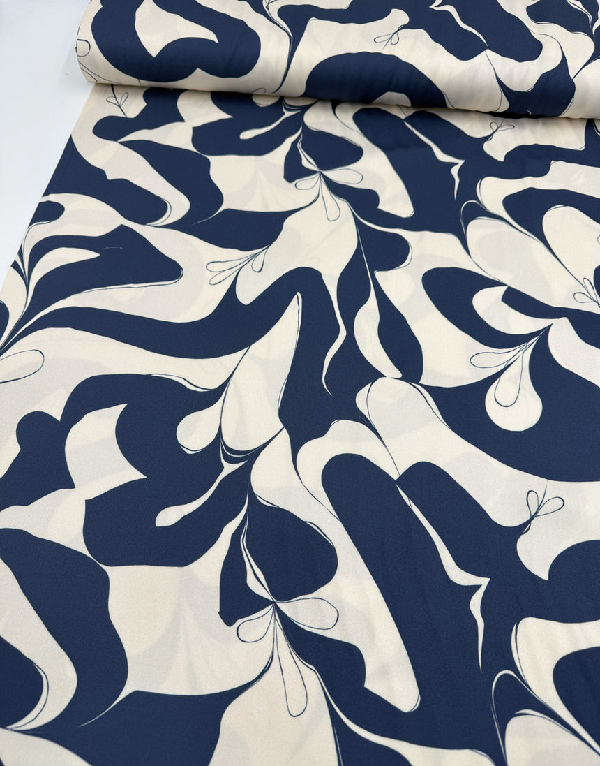 Navy & Ivory Abstract Botanical Viscose Fabric