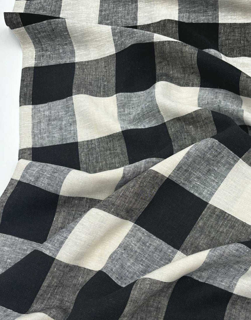 Black Large Check Linen Viscose Fabric