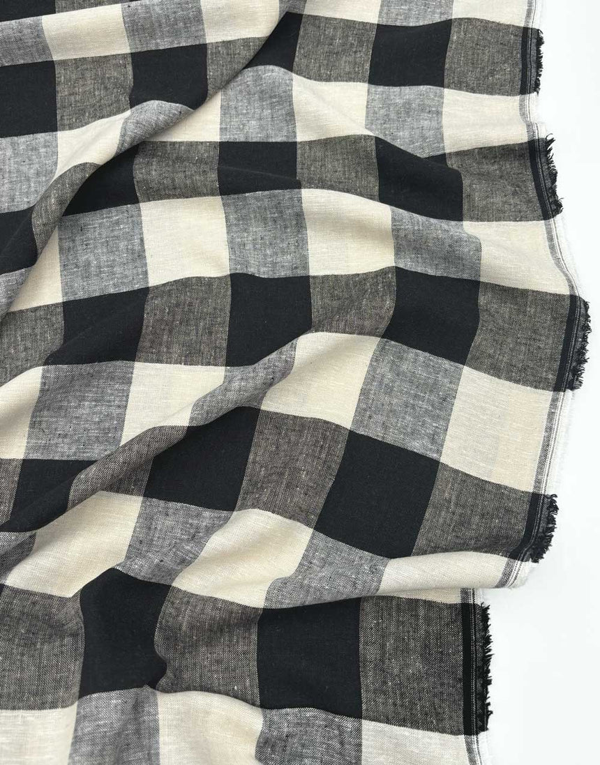 Black Large Check Linen Viscose Fabric