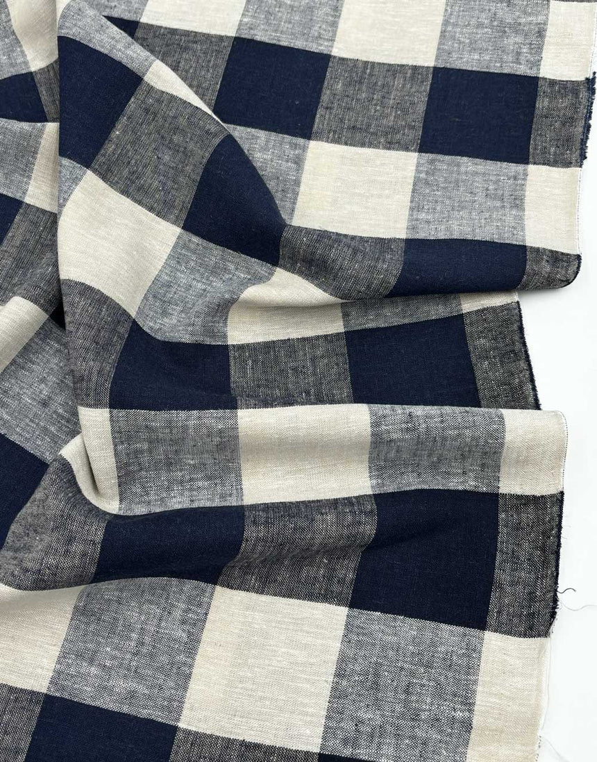 Navy Large Check Linen Viscose Fabric