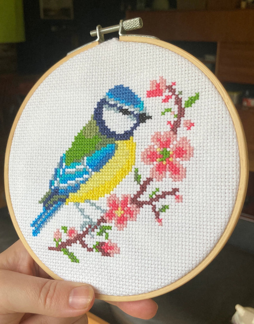 Blue Tit & Blossom Cross Stitch Kit, Love Poppet