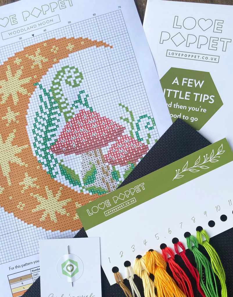 Woodland Moon Modern Cross Stitch Kit, Love Poppet